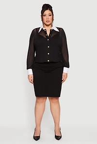 Plus Mesh Long Sleeve Corset Top with Snap Buttons