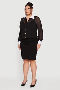 Plus Mesh Long Sleeve Corset Top with Snap Buttons