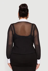 Womens Plus Size Mesh Long Sleeve Corset Top with Snap Buttons, Black, Size 2X