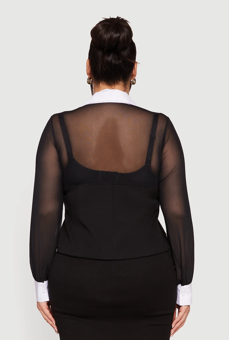 Plus Mesh Long Sleeve Corset Top with Snap Buttons