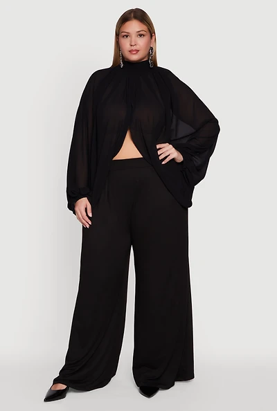Womens Plus Bishop Sleeve Tulip Overlay Top,