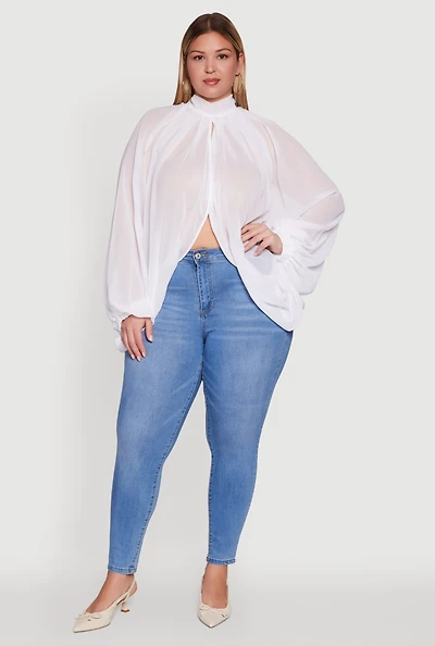 Womens Plus Size Bishop Sleeve Tulip Overlay Top, White, Size 1X