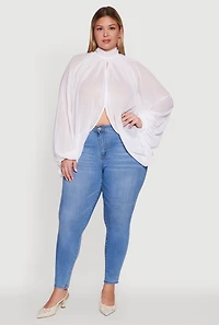 Womens Plus Size Bishop Sleeve Tulip Overlay Top, White, Size 1X