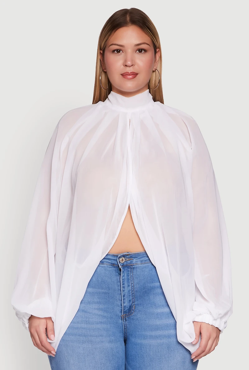 Womens Plus Size Bishop Sleeve Tulip Overlay Top, White, Size 2X