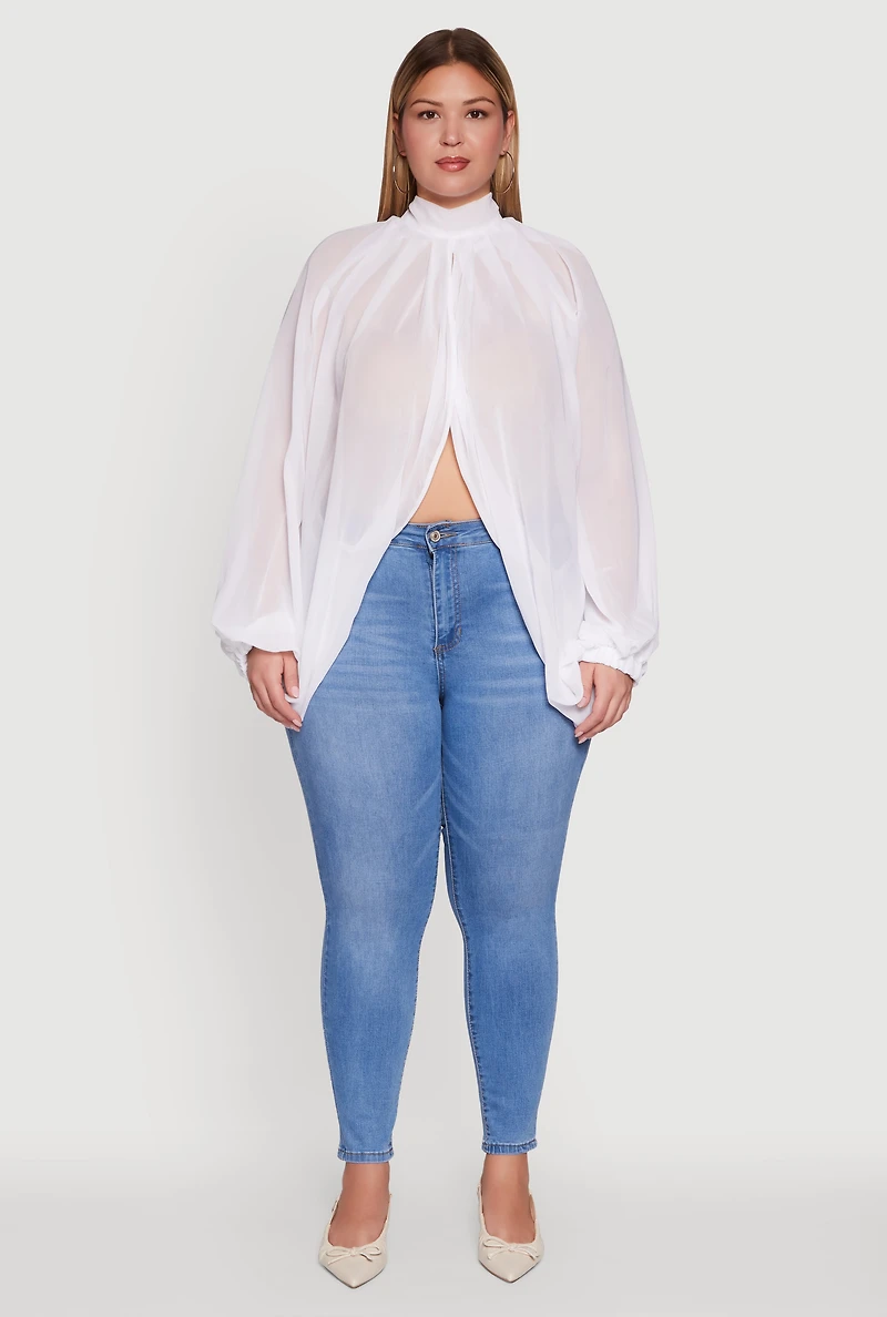Womens Plus Size Bishop Sleeve Tulip Overlay Top, White, Size 1X