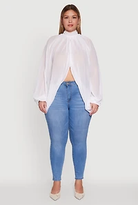 Womens Plus Size Bishop Sleeve Tulip Overlay Top, White, Size 1X