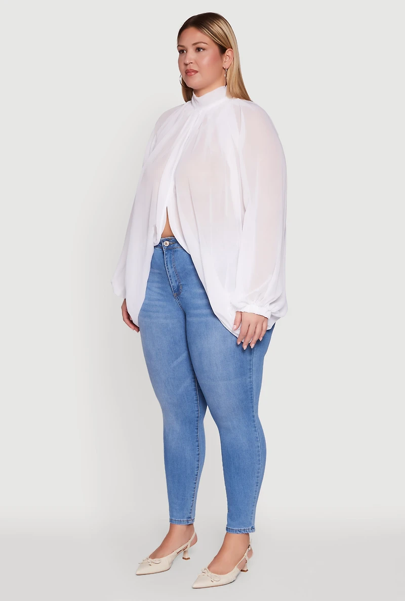 Womens Plus Size Bishop Sleeve Tulip Overlay Top, White, Size 1X