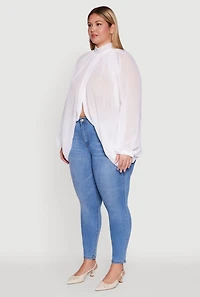Womens Plus Size Bishop Sleeve Tulip Overlay Top, White, Size 1X