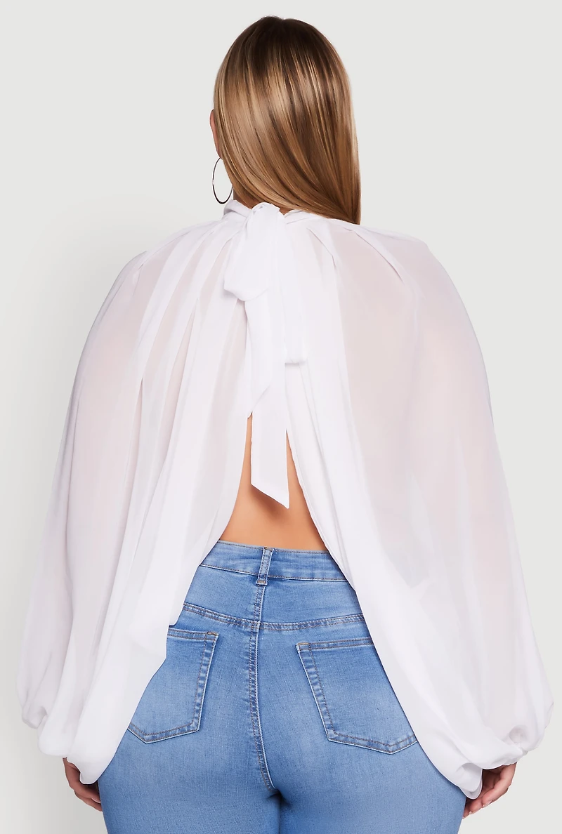 Womens Plus Size Bishop Sleeve Tulip Overlay Top, White, Size 1X