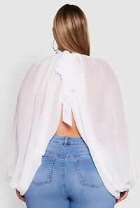 Womens Plus Size Bishop Sleeve Tulip Overlay Top, White, Size 1X