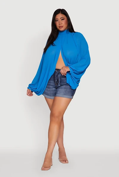 Womens Plus Bishop Sleeve Tulip Overlay Top,