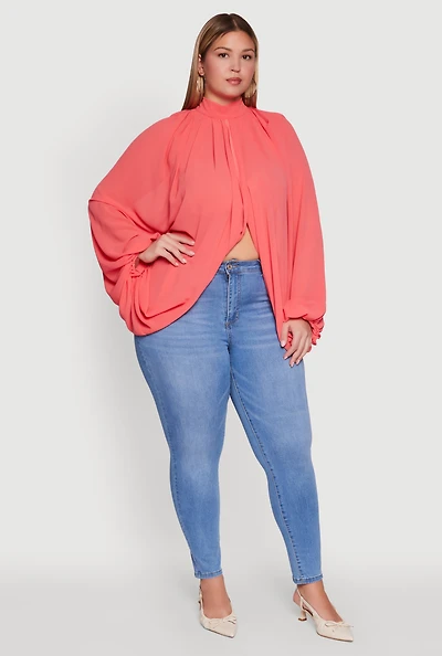 Womens Plus Size Bishop Sleeve Tulip Overlay Top, Pink, Size 1X