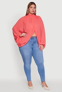 Womens Plus Size Bishop Sleeve Tulip Overlay Top, Pink, Size 1X