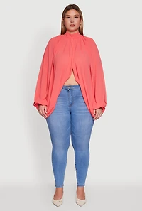 Womens Plus Size Bishop Sleeve Tulip Overlay Top, Pink, Size 1X
