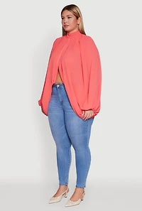 Womens Plus Size Bishop Sleeve Tulip Overlay Top, Pink, Size 1X