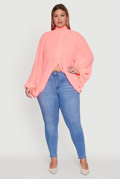 Womens Plus Size Bishop Sleeve Tulip Overlay Top, Pink, Size 3X