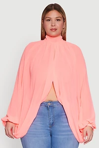 Womens Plus Size Bishop Sleeve Tulip Overlay Top, Pink, Size 1X