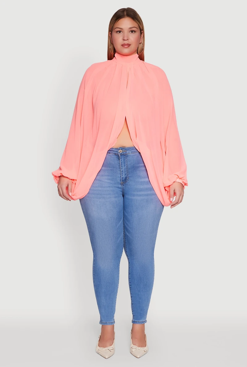 Womens Plus Size Bishop Sleeve Tulip Overlay Top, Pink, Size 1X