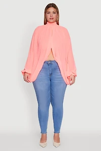 Womens Plus Size Bishop Sleeve Tulip Overlay Top, Pink, Size 1X