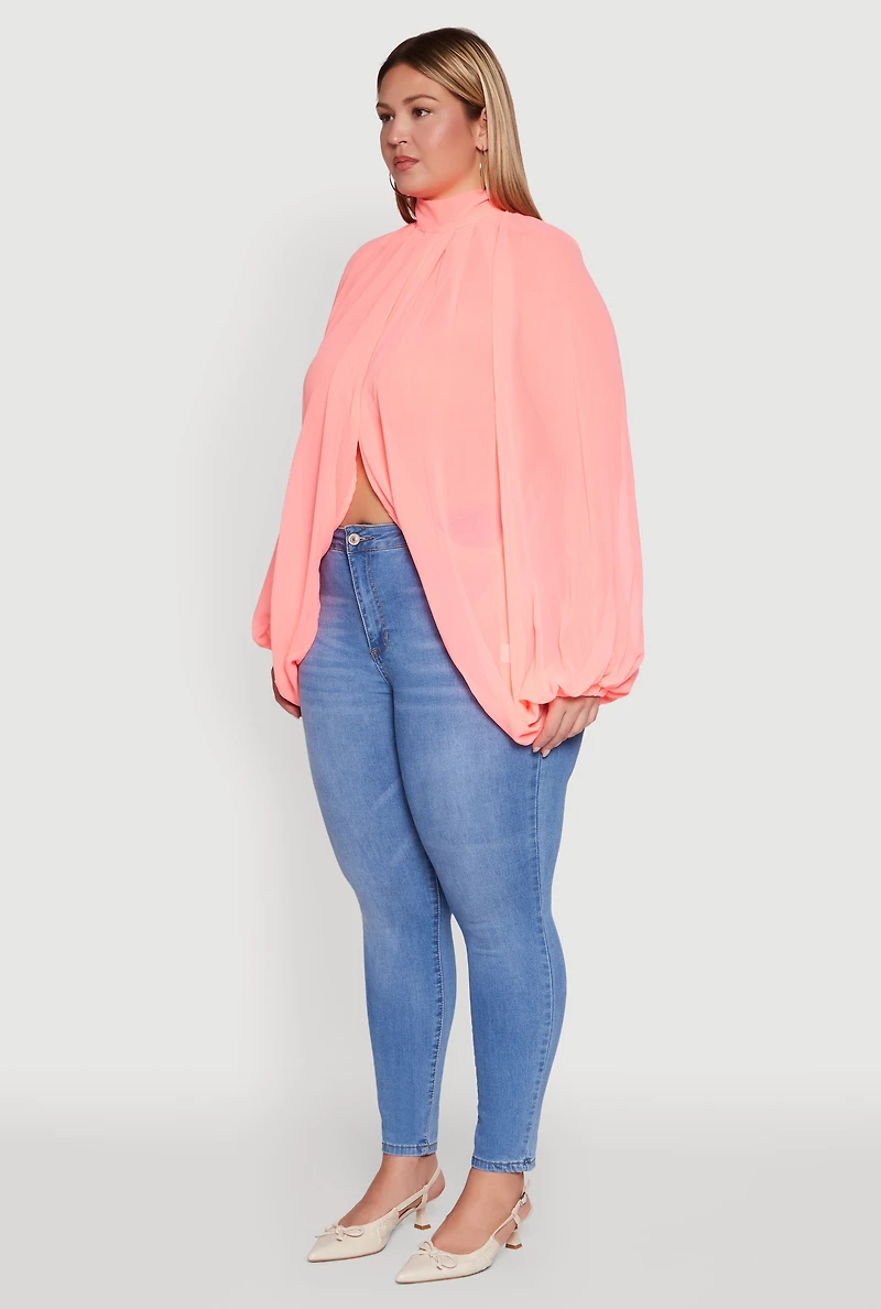 Womens Plus Size Bishop Sleeve Tulip Overlay Top, Pink, Size 1X