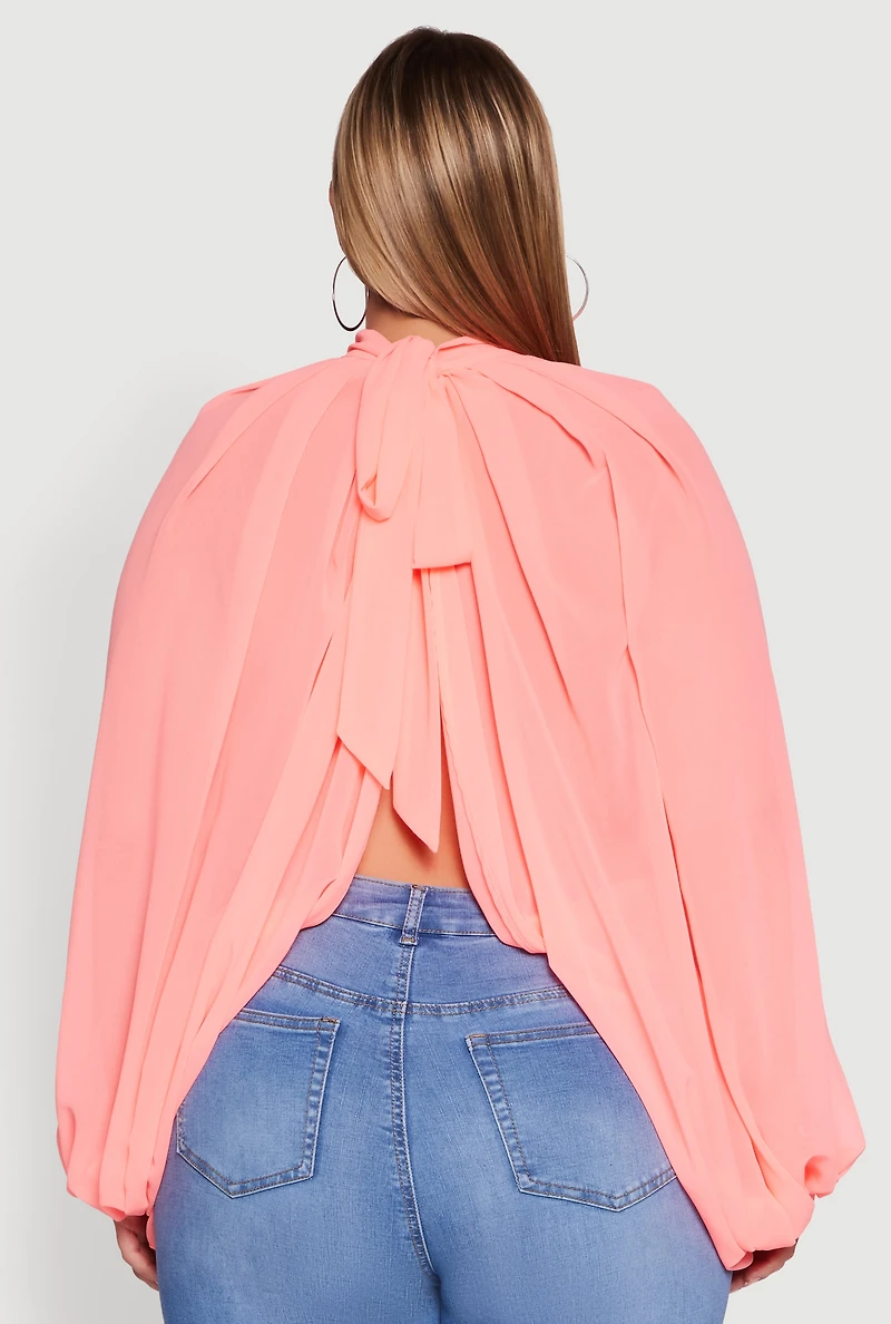 Womens Plus Size Bishop Sleeve Tulip Overlay Top, Pink, Size 1X