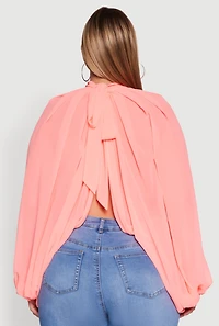 Womens Plus Size Bishop Sleeve Tulip Overlay Top, Pink, Size 1X