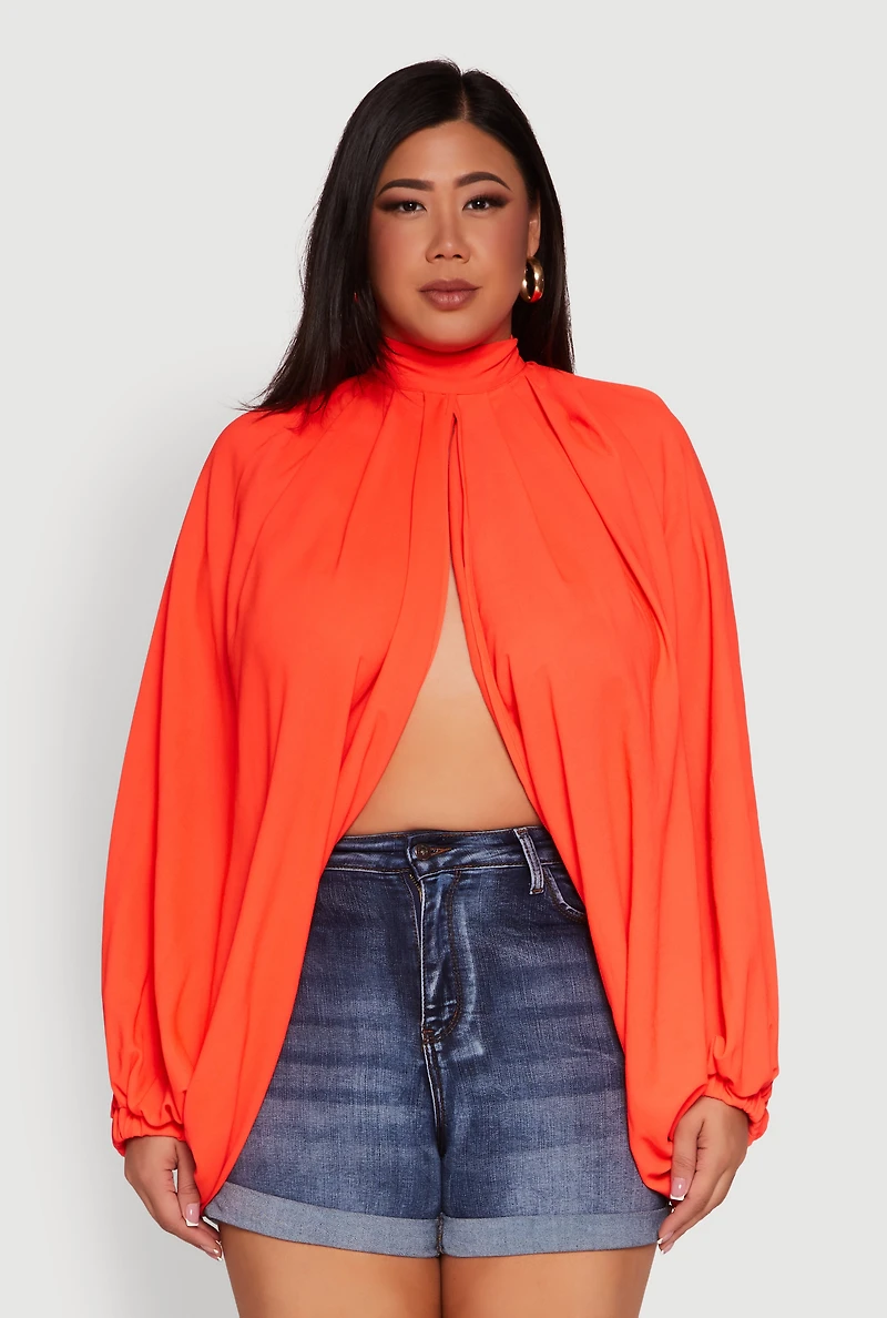 Womens Plus Bishop Sleeve Tulip Overlay Top,
