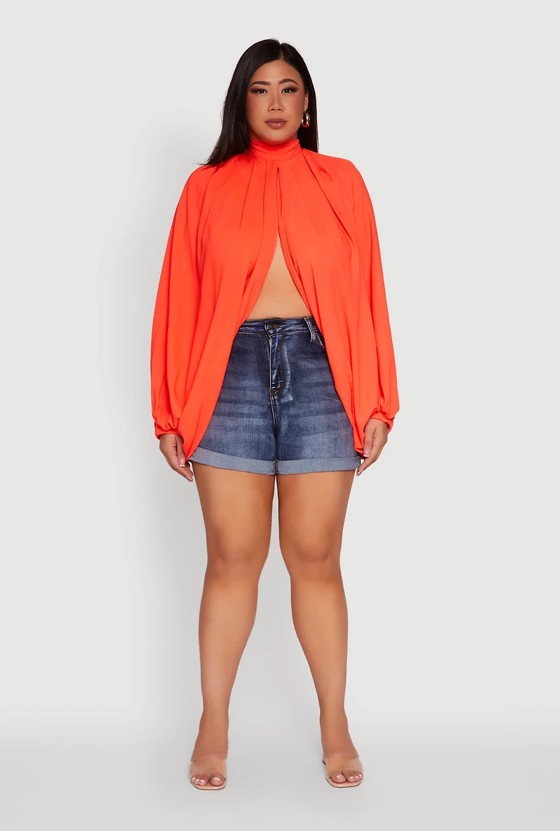 Womens Plus Size Bishop Sleeve Tulip Overlay Top, Orange, Size 3X