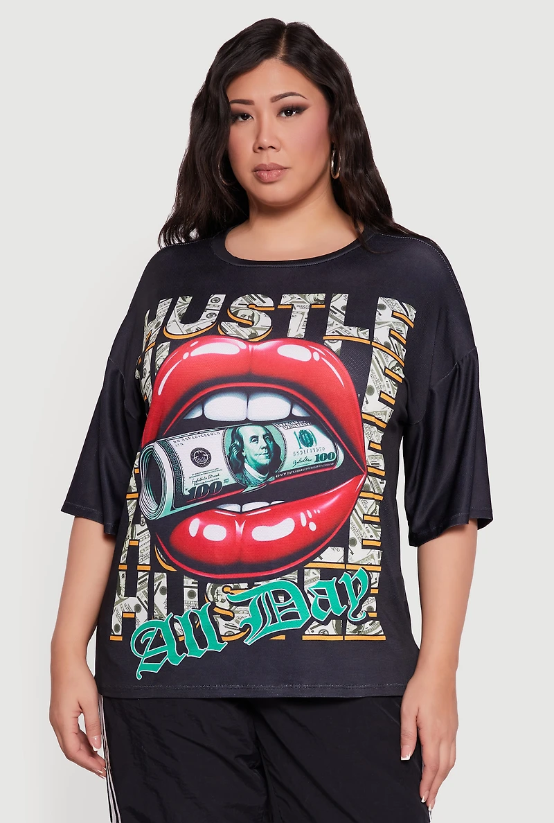 Womens Plus Size Oversized Hustle All Day Graphic Tee, Black, Size 1X