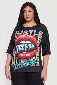 Womens Plus Size Oversized Hustle All Day Graphic Tee, Black, Size 1X