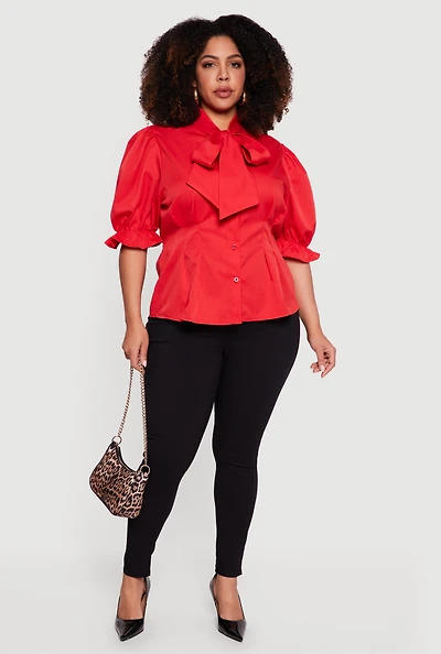 Plus Puff Sleeve Bow Tie Neck Blouse