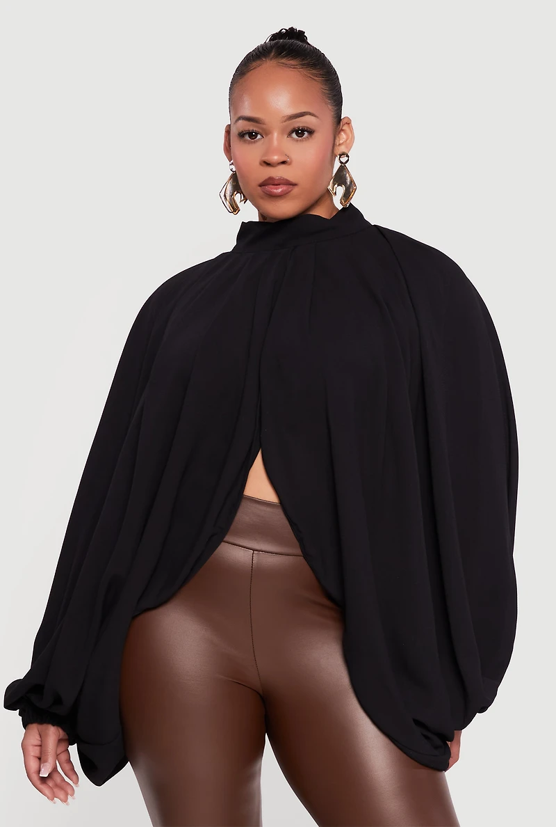 Plus Crepe Knit Balloon Sleeve Mock Neck Flyaway Blouse