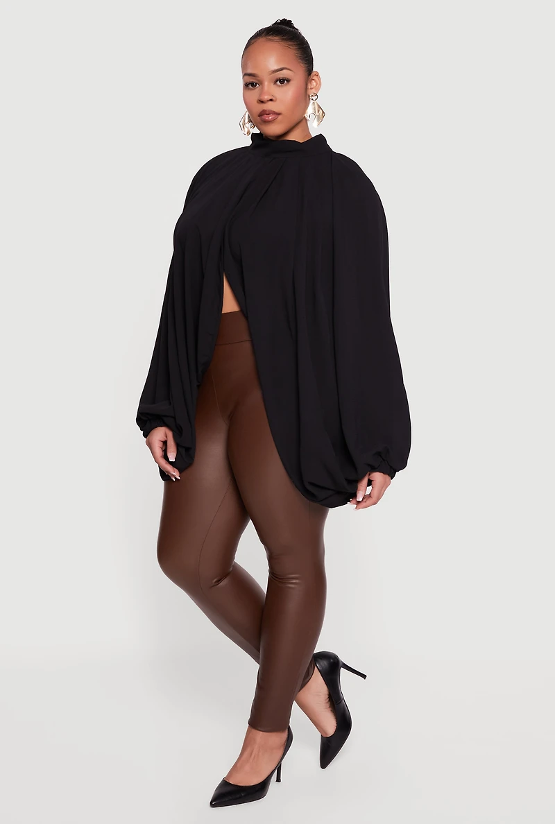 Plus Crepe Knit Balloon Sleeve Mock Neck Flyaway Blouse