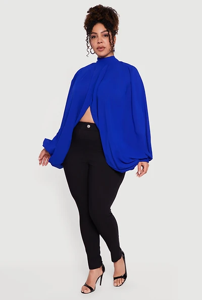 Plus Crepe Knit Balloon Sleeve Mock Neck Flyaway Blouse