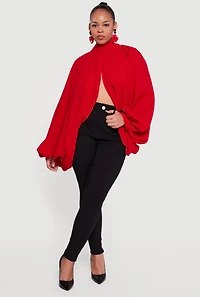Plus Crepe Knit Balloon Sleeve Mock Neck Flyaway Blouse