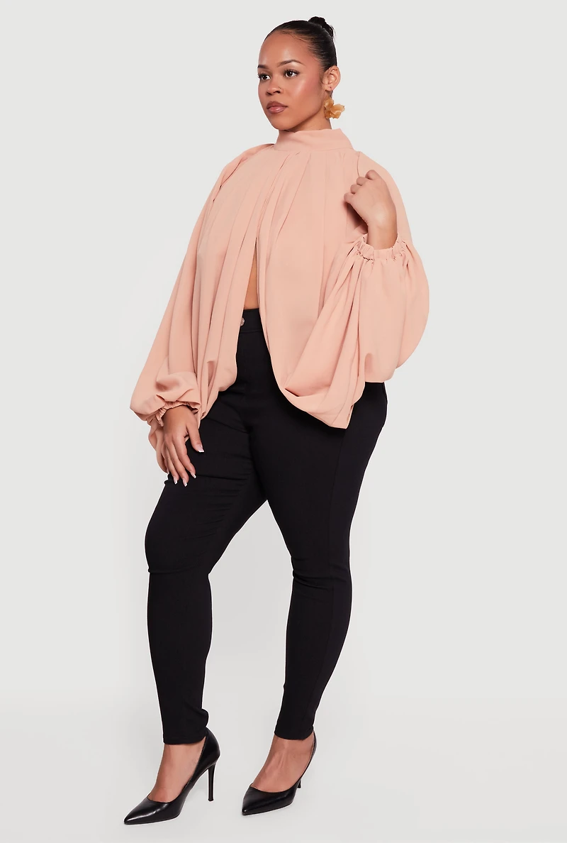 Plus Crepe Knit Balloon Sleeve Mock Neck Flyaway Blouse