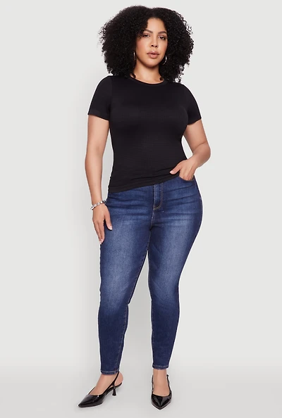 Womens Plus Size Seamless Textured Knit Crew Neck T-Shirt, Black, Size 1X-2X