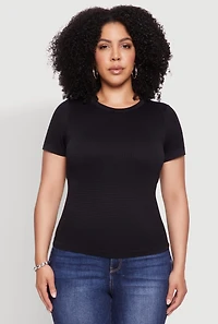 Womens Plus Size Seamless Textured Knit Crew Neck T-Shirt, Black, Size 1X-2X
