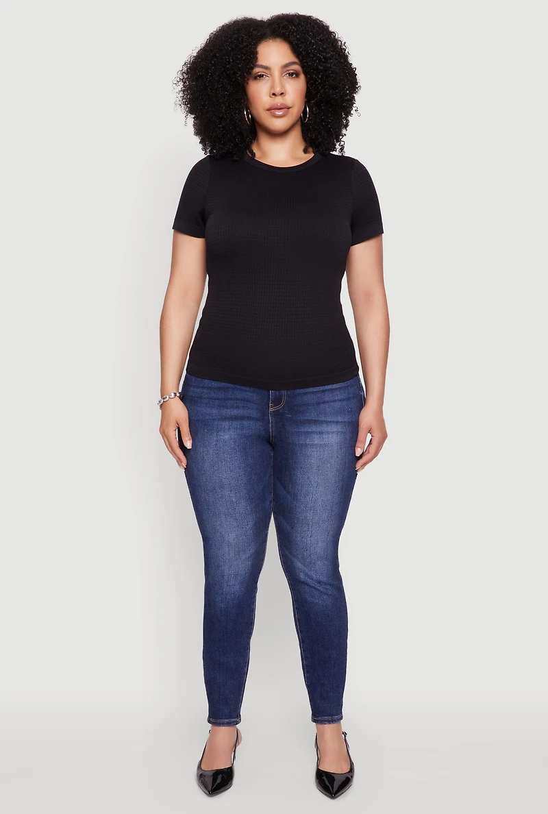 Womens Plus Size Seamless Textured Knit Crew Neck T-Shirt, Black, Size 1X-2X
