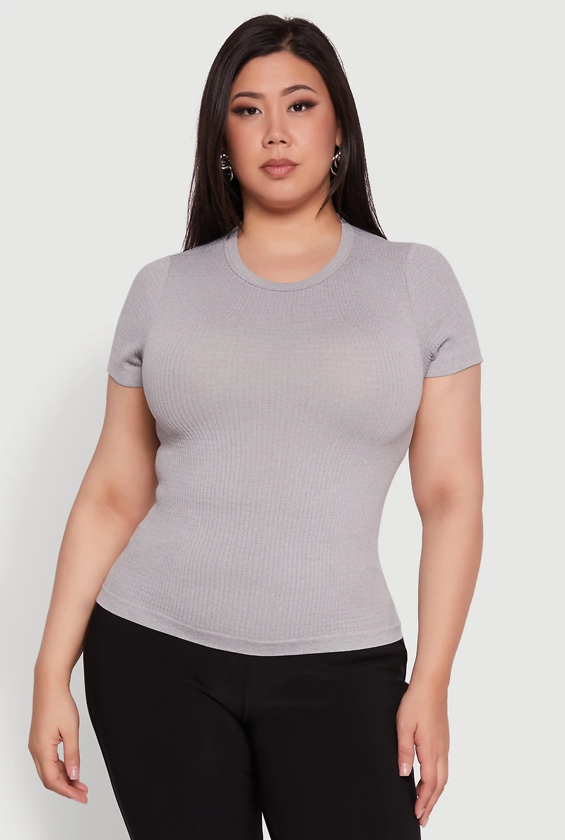 Womens Plus Size Seamless Textured Knit Crew Neck T-Shirt, Grey, Size 1X-2X