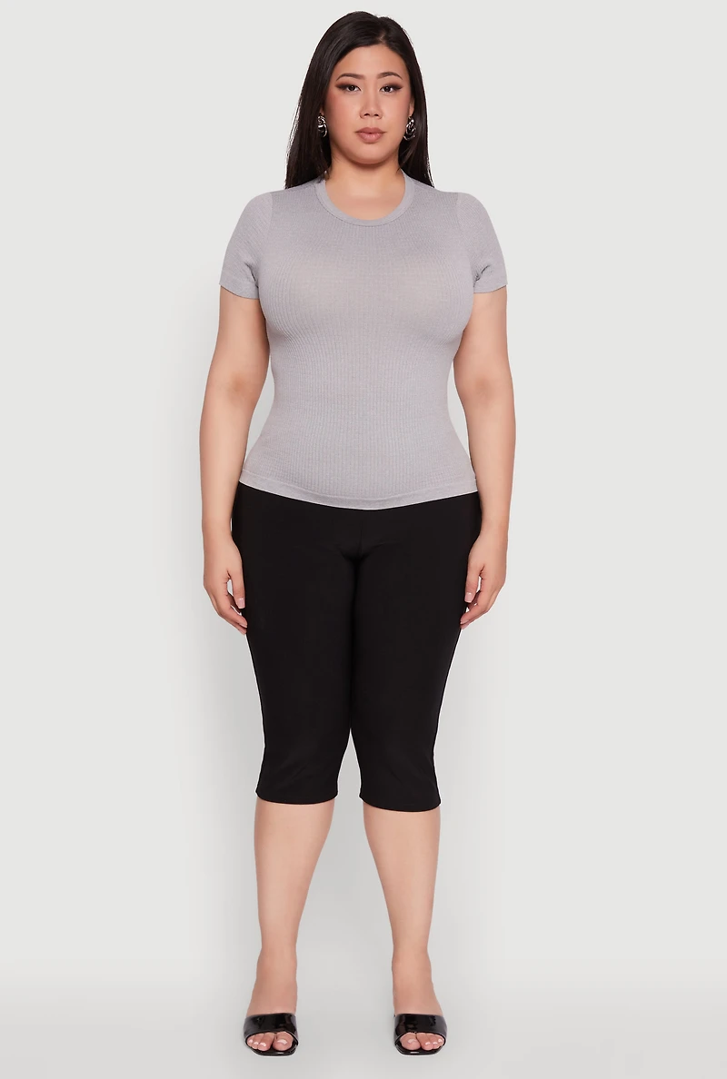 Womens Plus Size Seamless Textured Knit Crew Neck T-Shirt, Grey, Size 1X-2X