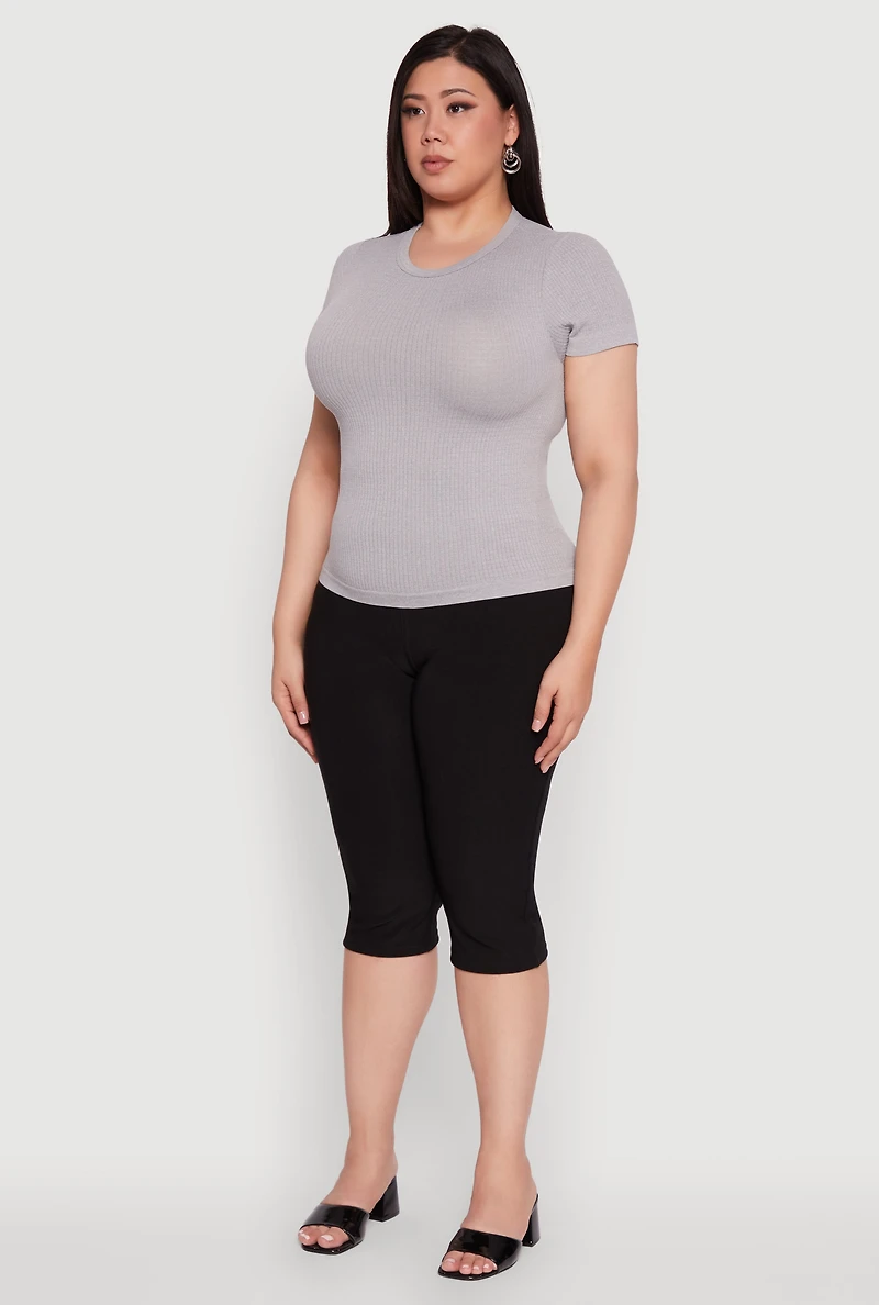 Womens Plus Size Seamless Textured Knit Crew Neck T-Shirt, Grey, Size 1X-2X