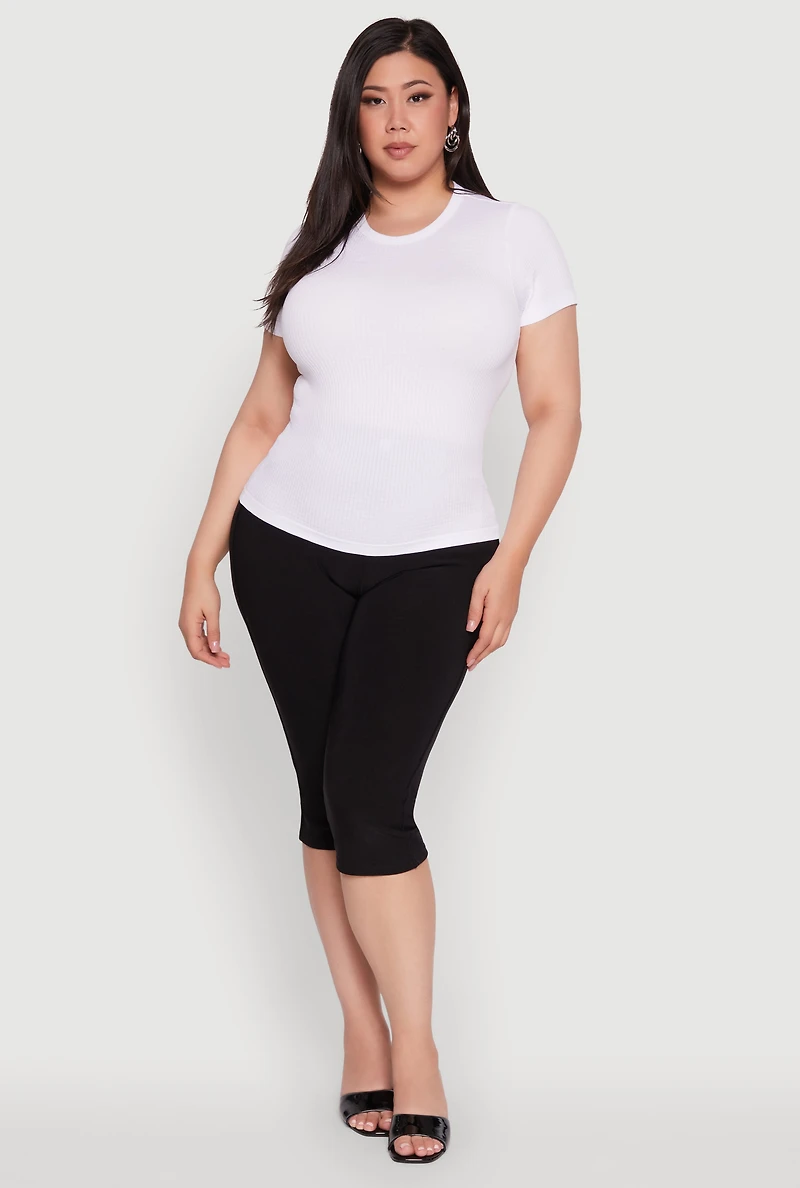 Womens Plus Size Seamless Textured Knit Crew Neck T-Shirt, White, Size 1X-2X