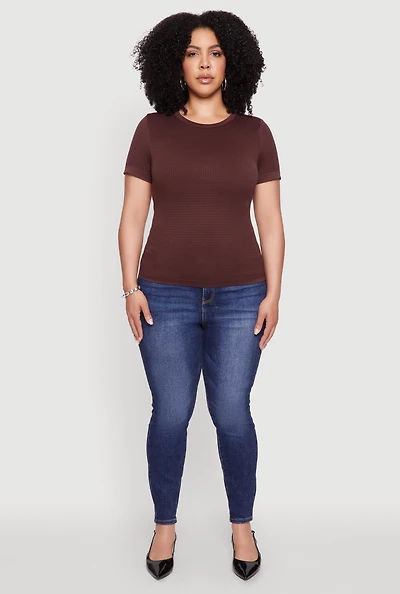 Womens Plus Seamless Textured Knit Crew Neck T-Shirt, 1X-2X