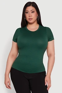Womens Plus Size Seamless Textured Knit Crew Neck T-Shirt, Green, Size 1X-2X