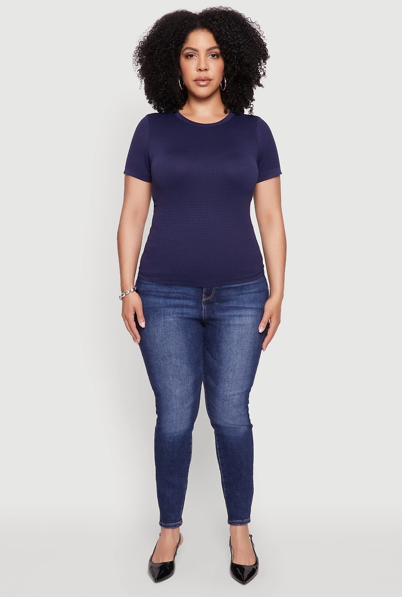 Womens Plus Seamless Textured Knit Crew Neck T-Shirt, 2X-3X