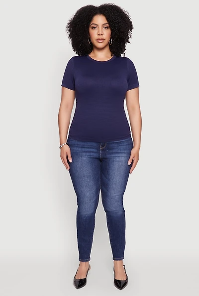 Womens Plus Seamless Textured Knit Crew Neck T-Shirt, 2X-3X