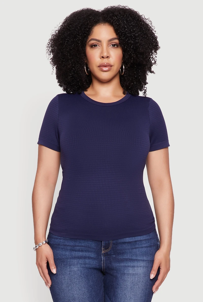 Womens Plus Seamless Textured Knit Crew Neck T-Shirt, 2X-3X