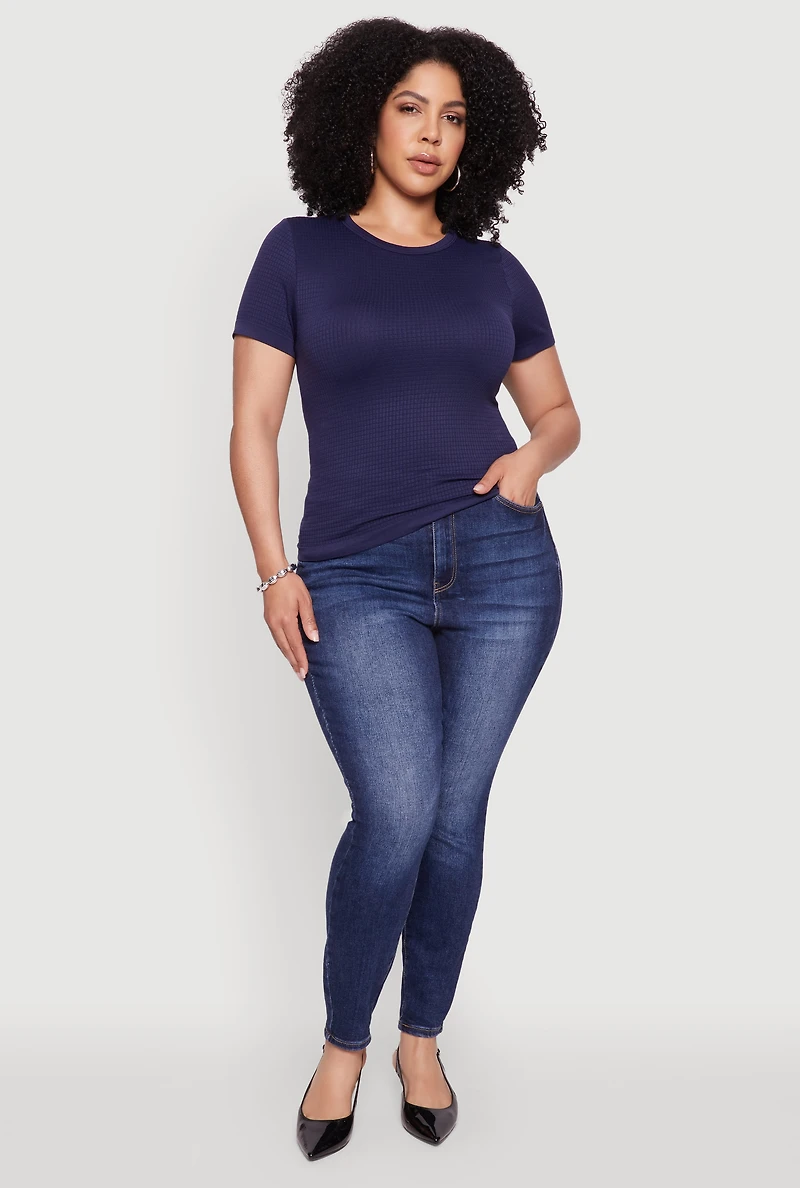 Womens Plus Seamless Textured Knit Crew Neck T-Shirt, 2X-3X