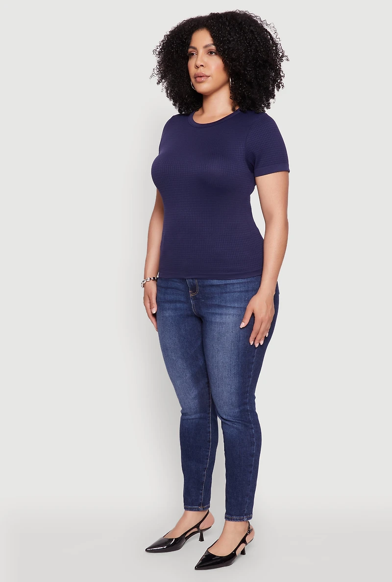 Womens Plus Seamless Textured Knit Crew Neck T-Shirt, 2X-3X